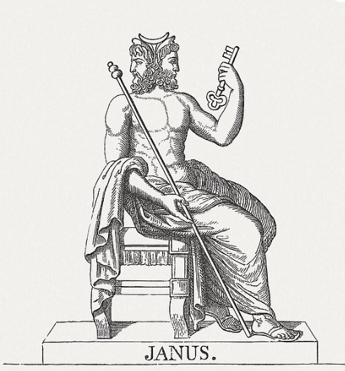 A picture of a two headed Janus, a uniquely Roman God, with keys and staffs in his hands