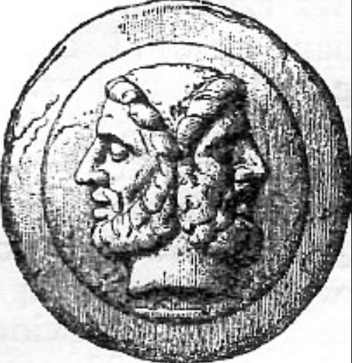 A picture of a Roman coin showing Janus, a uniquely Roman God, with two heads